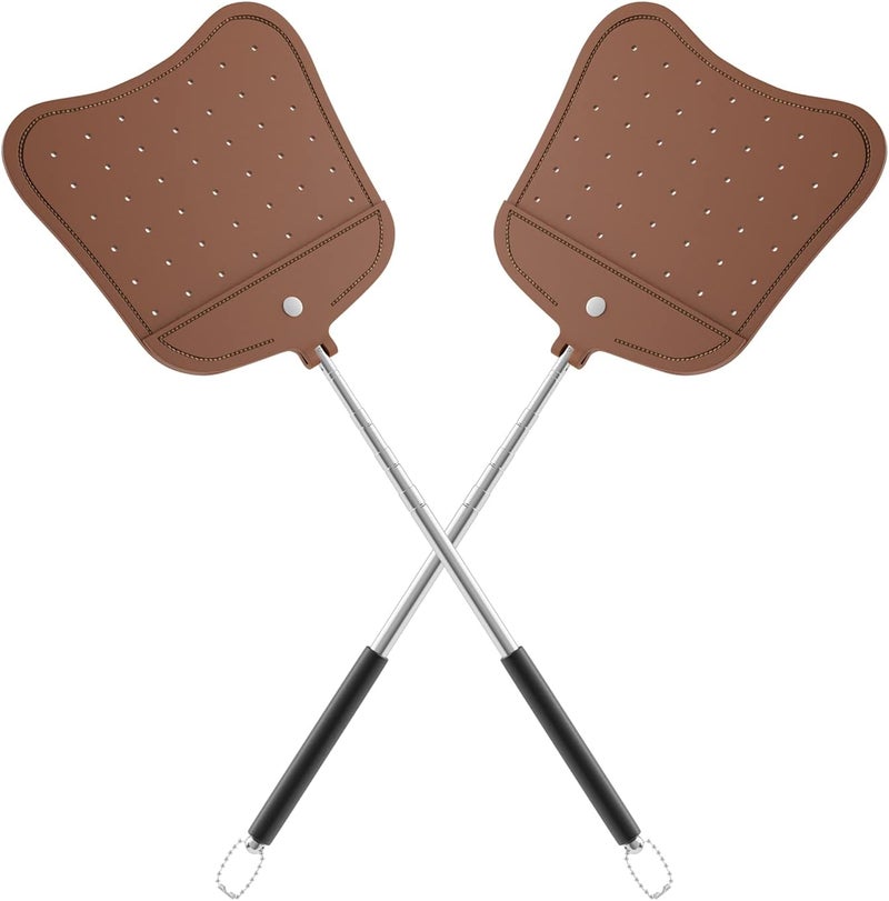 Foxany Telescopic Fly Swatters Heavy Duty Set, Leather Fly Swatter with Extendable Long Handle, Flexible Manual Flyswatter for Indoor Outdoor, 2 Pack - Image 1